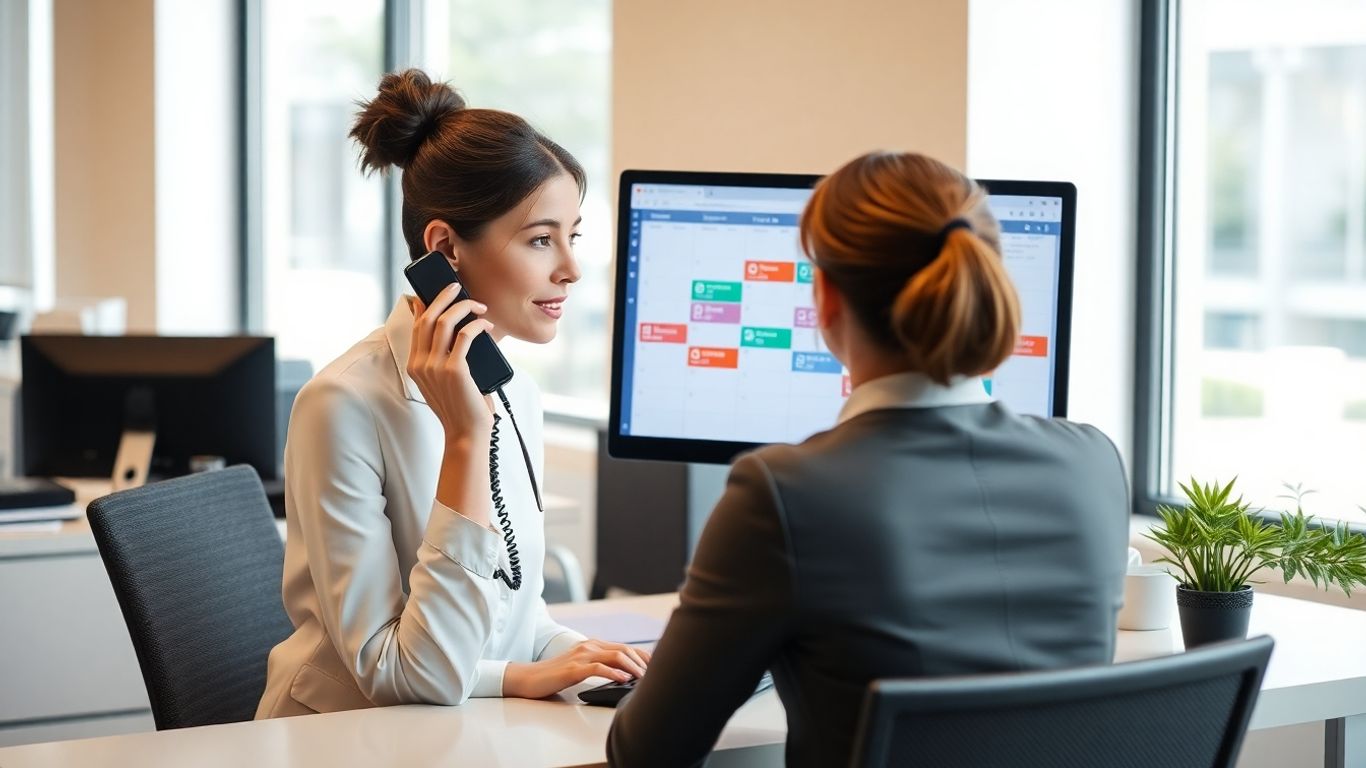 Receptionist scheduling appointments at computer with phone