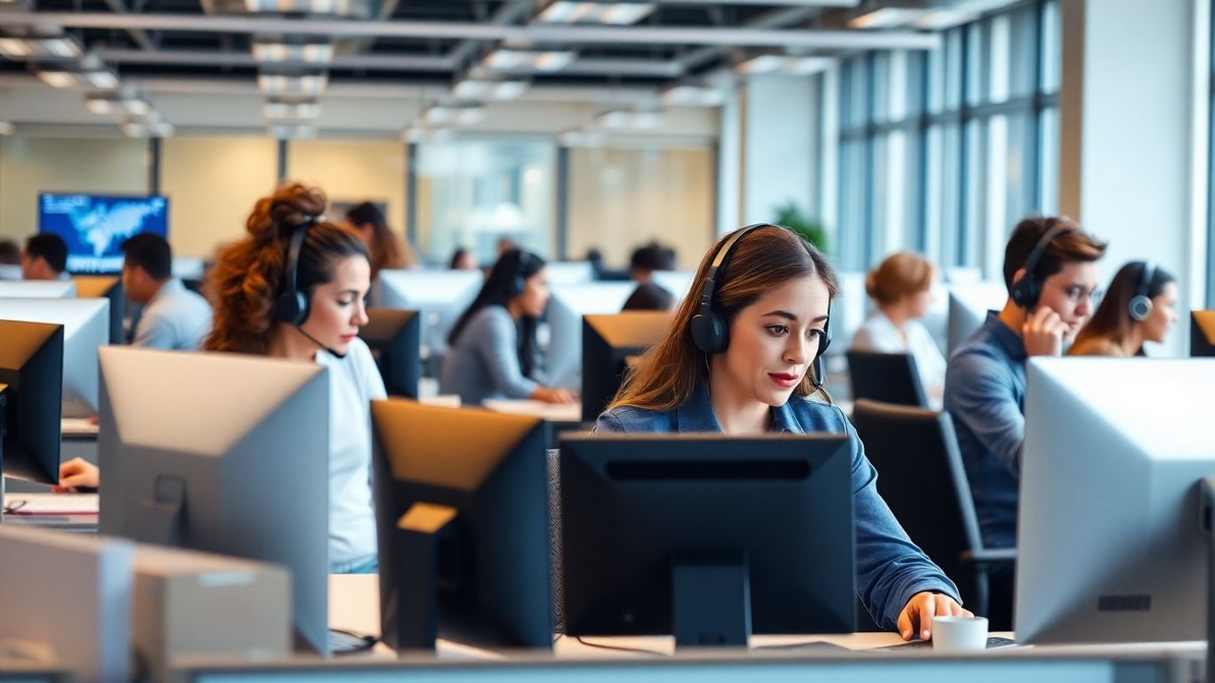 Busy office staff answering customer calls efficiently