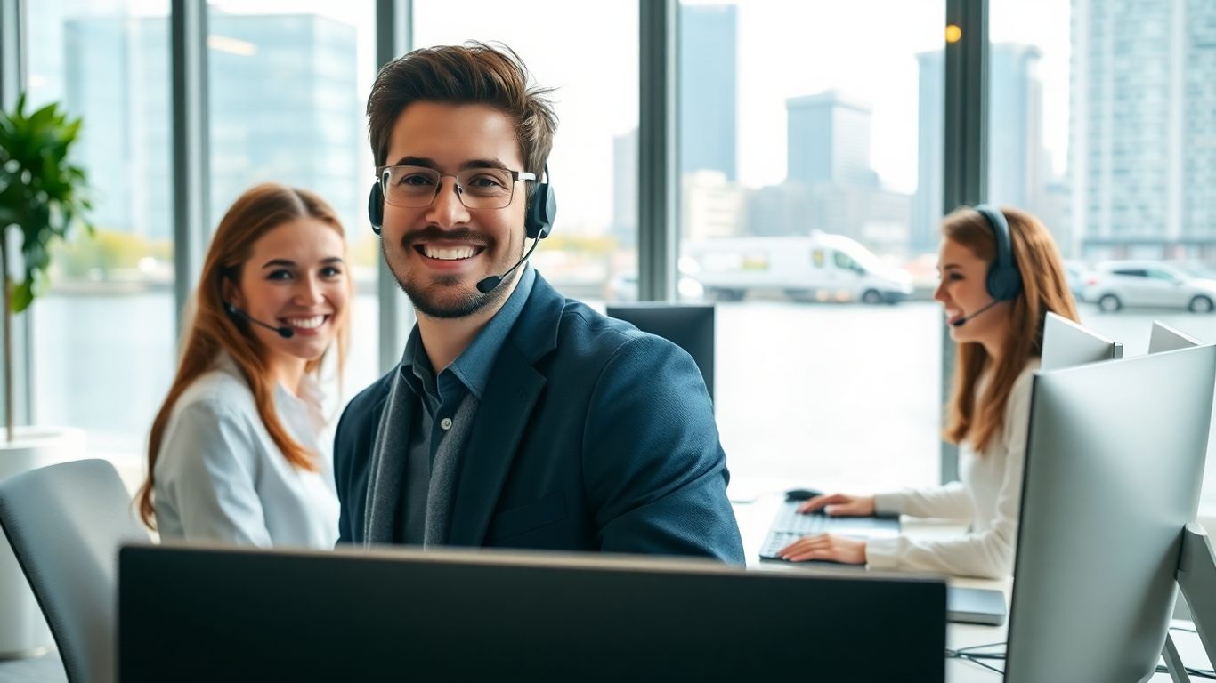 Smiling call center agents in modern riverside office