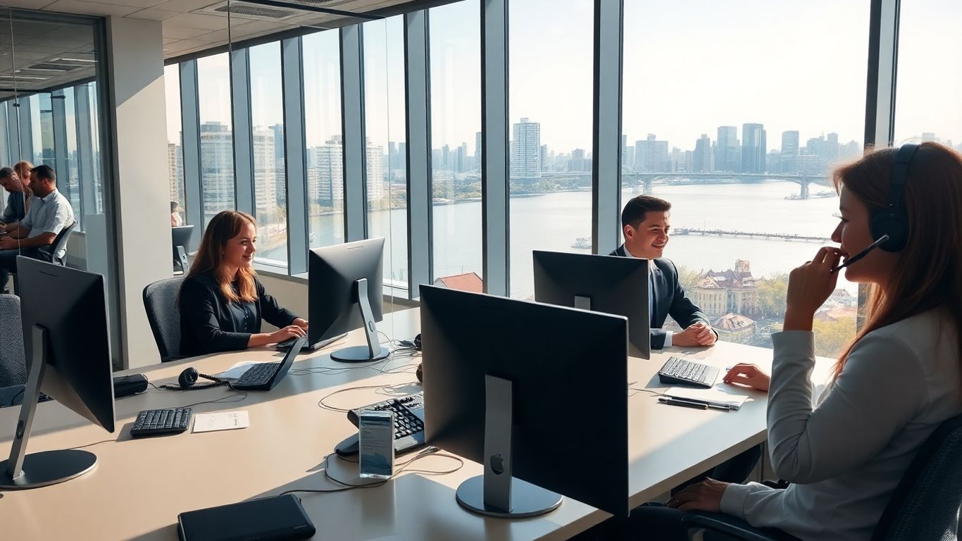 Customer service agents in riverside office assisting clients