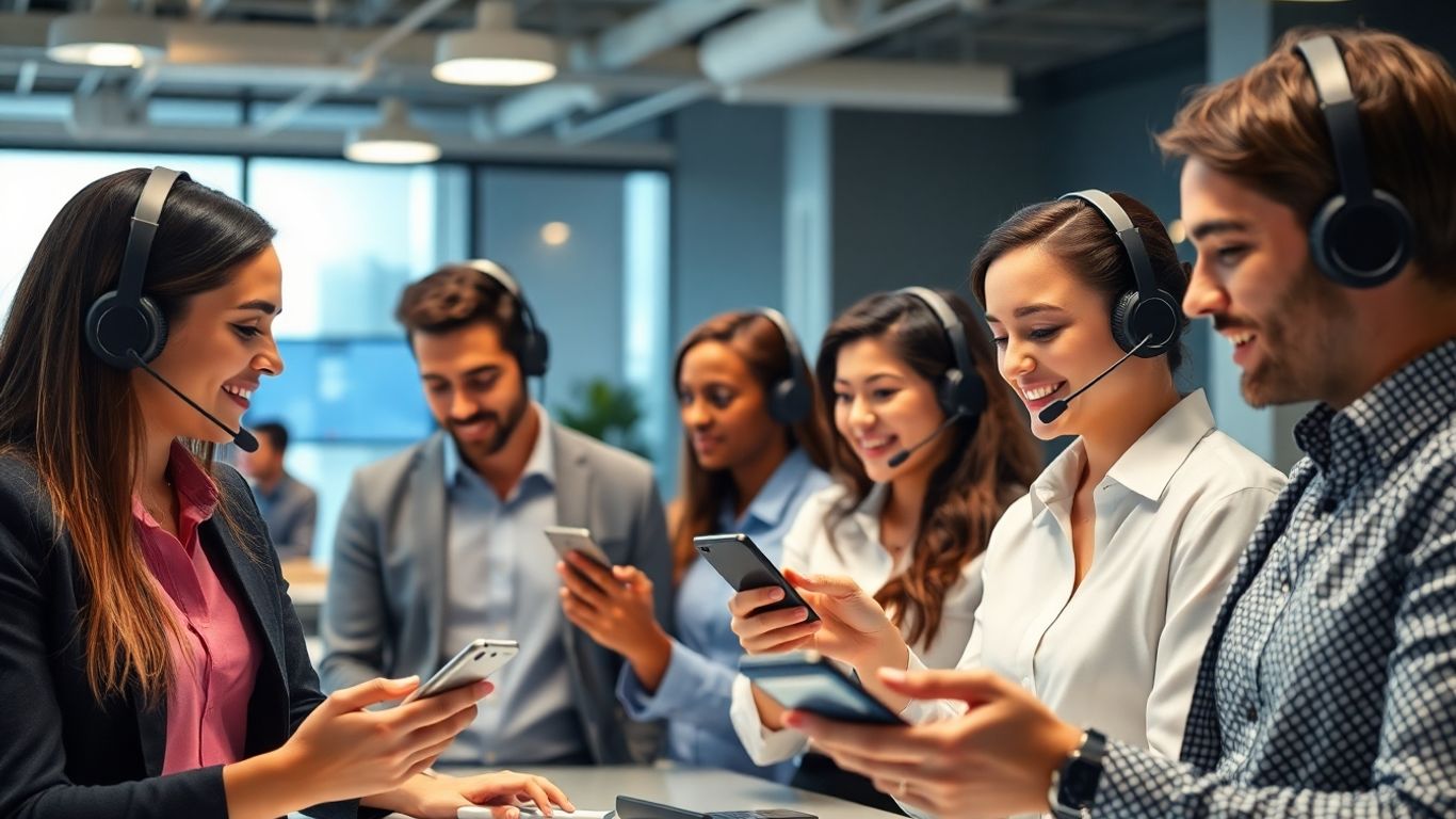 Professionals using technology for business communication in office