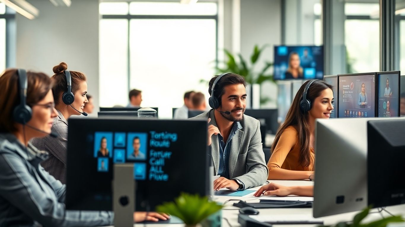 Team using headsets in high-tech office workspace