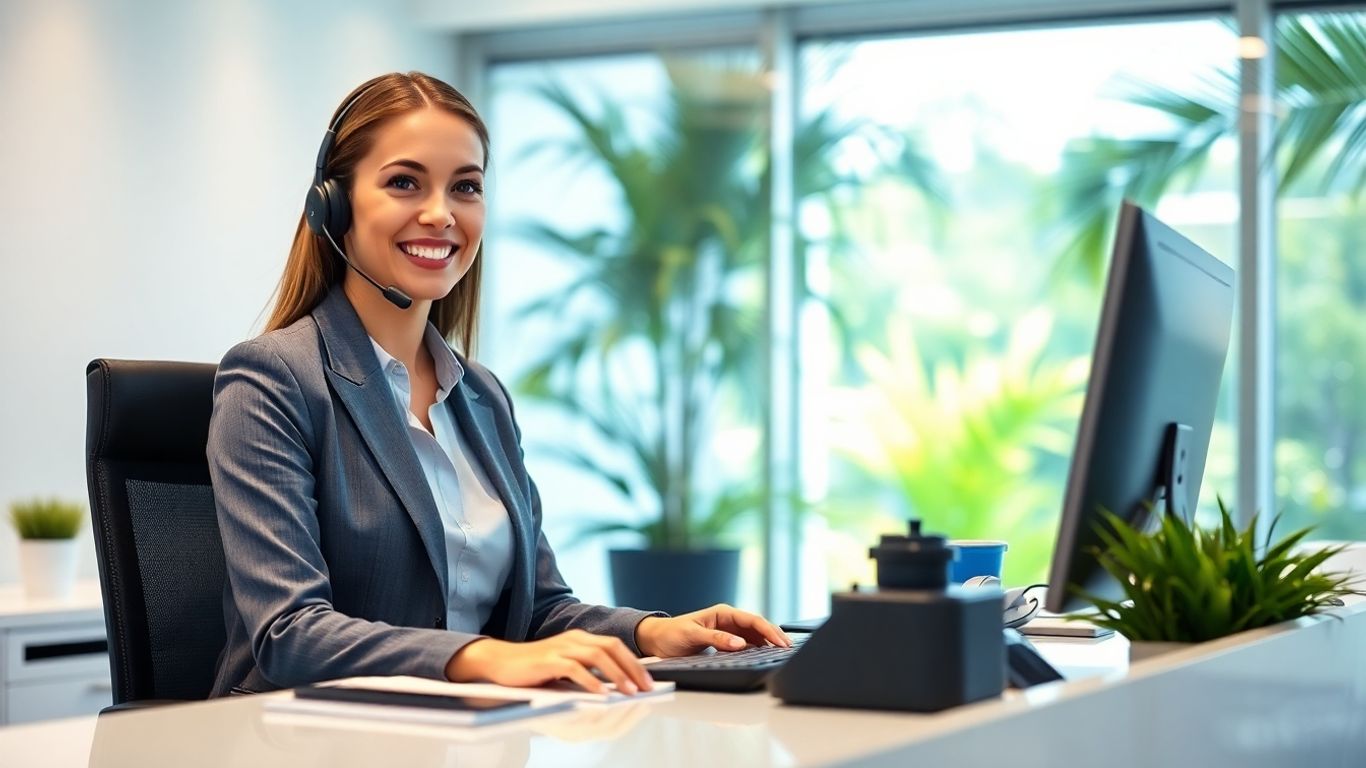 Receptionist with headset answering phone in modern office