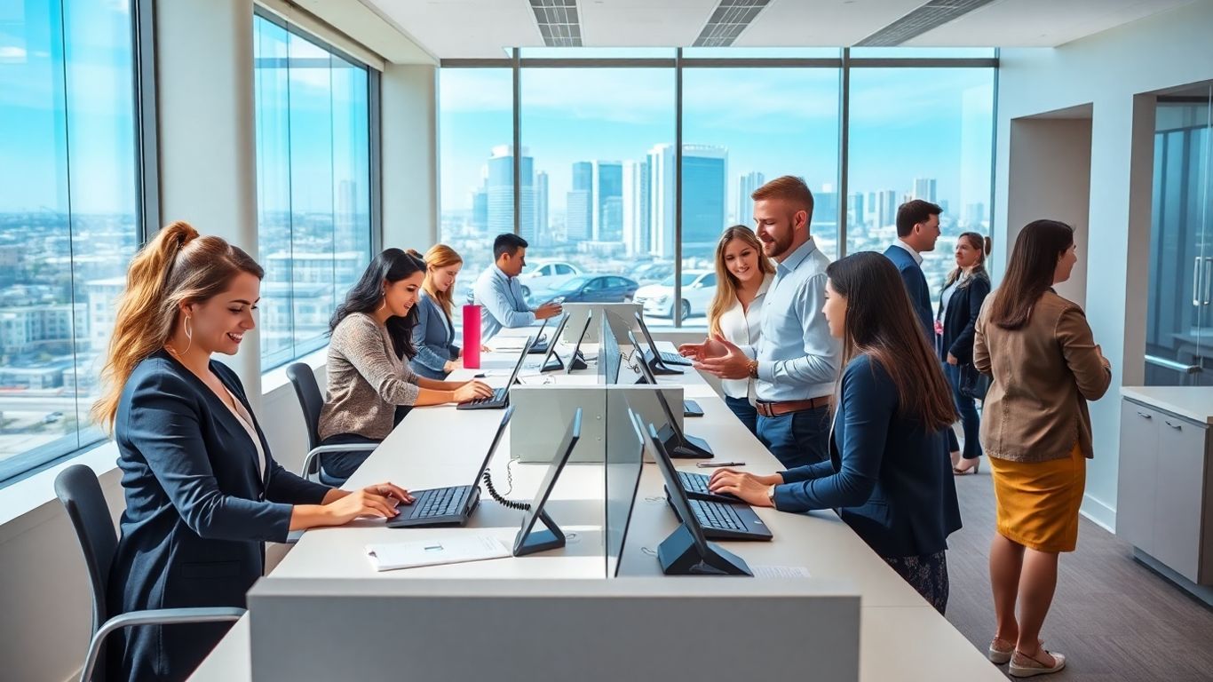 Receptionists answering calls in a Long Beach business office.
