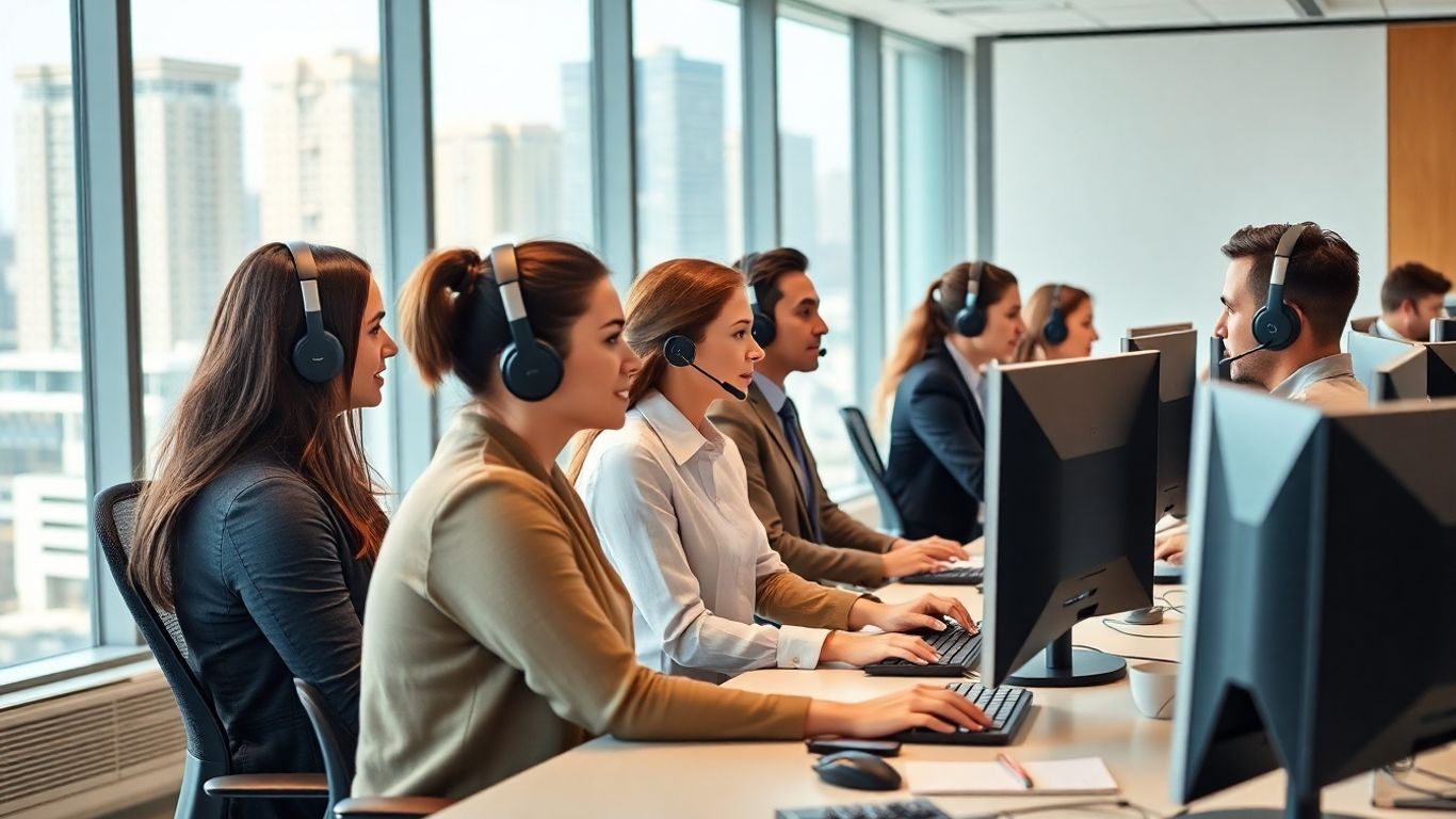 Professional call center team working in modern Long Beach office