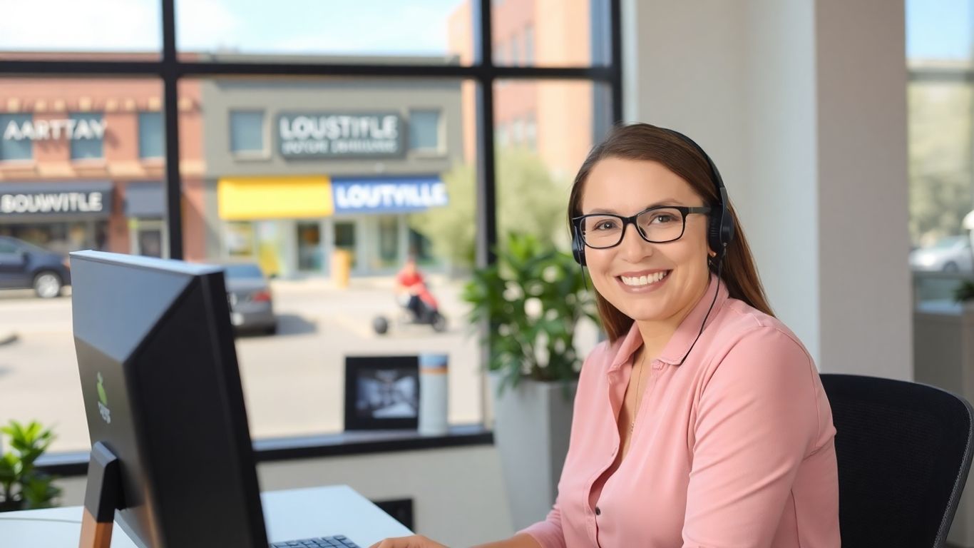 Smiling receptionist on headset in Louisville office