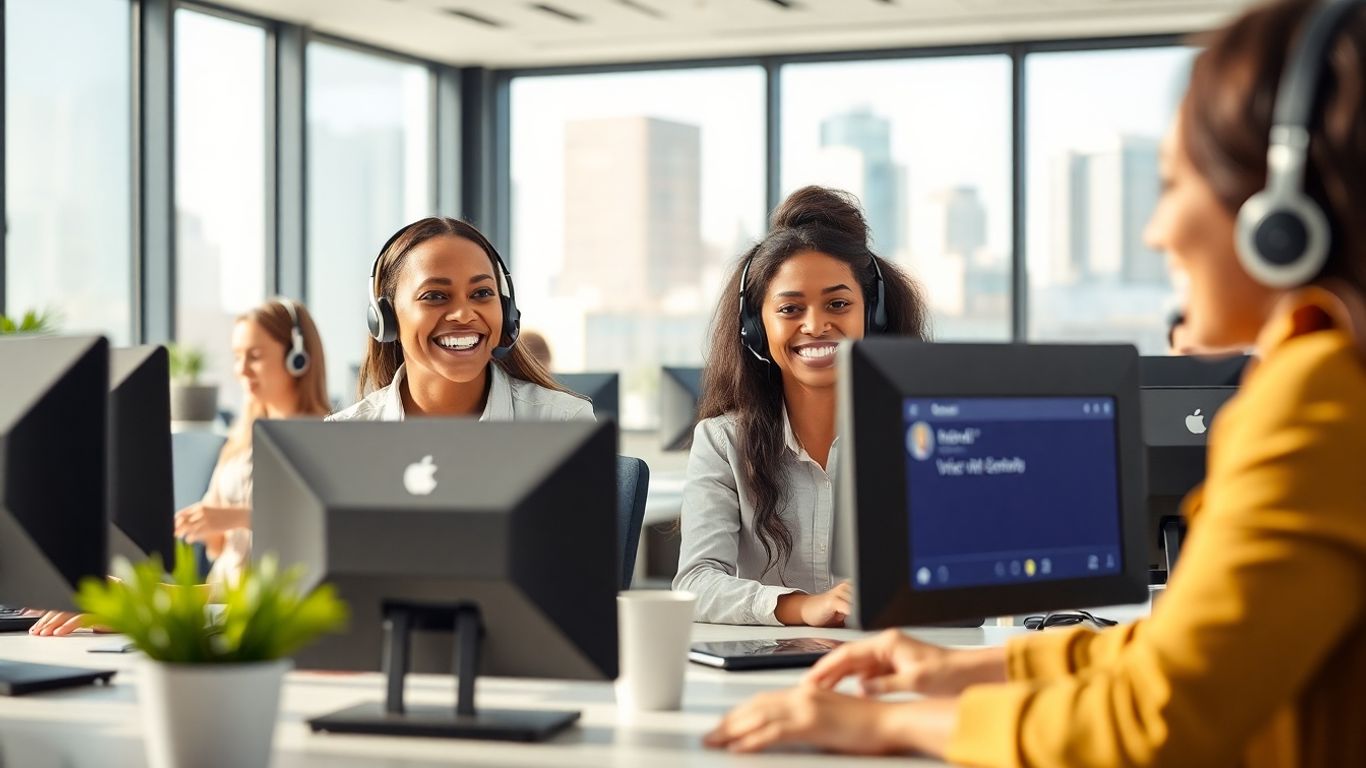 Customer service agents using AI voicemail in office