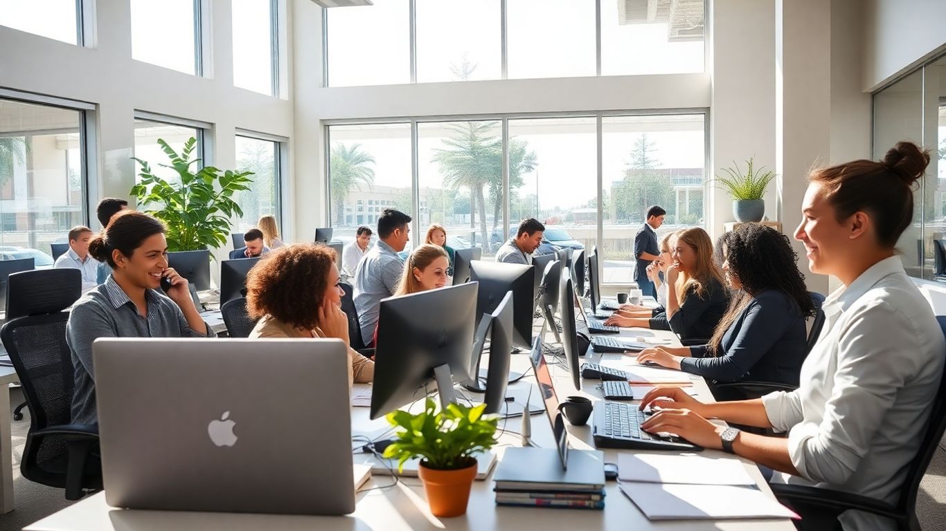 Happy staff in modern Chula Vista office working together