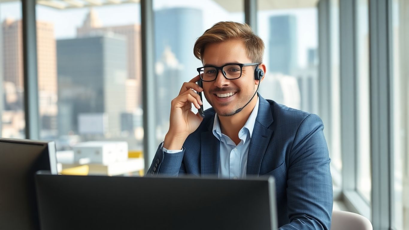 Raleigh business owner using phone in modern office
