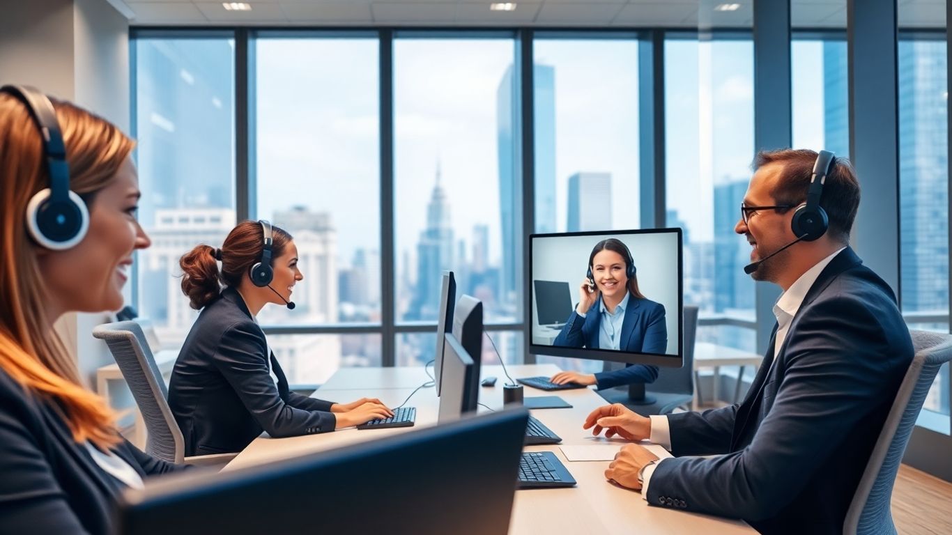Business call center team in Jersey City office.