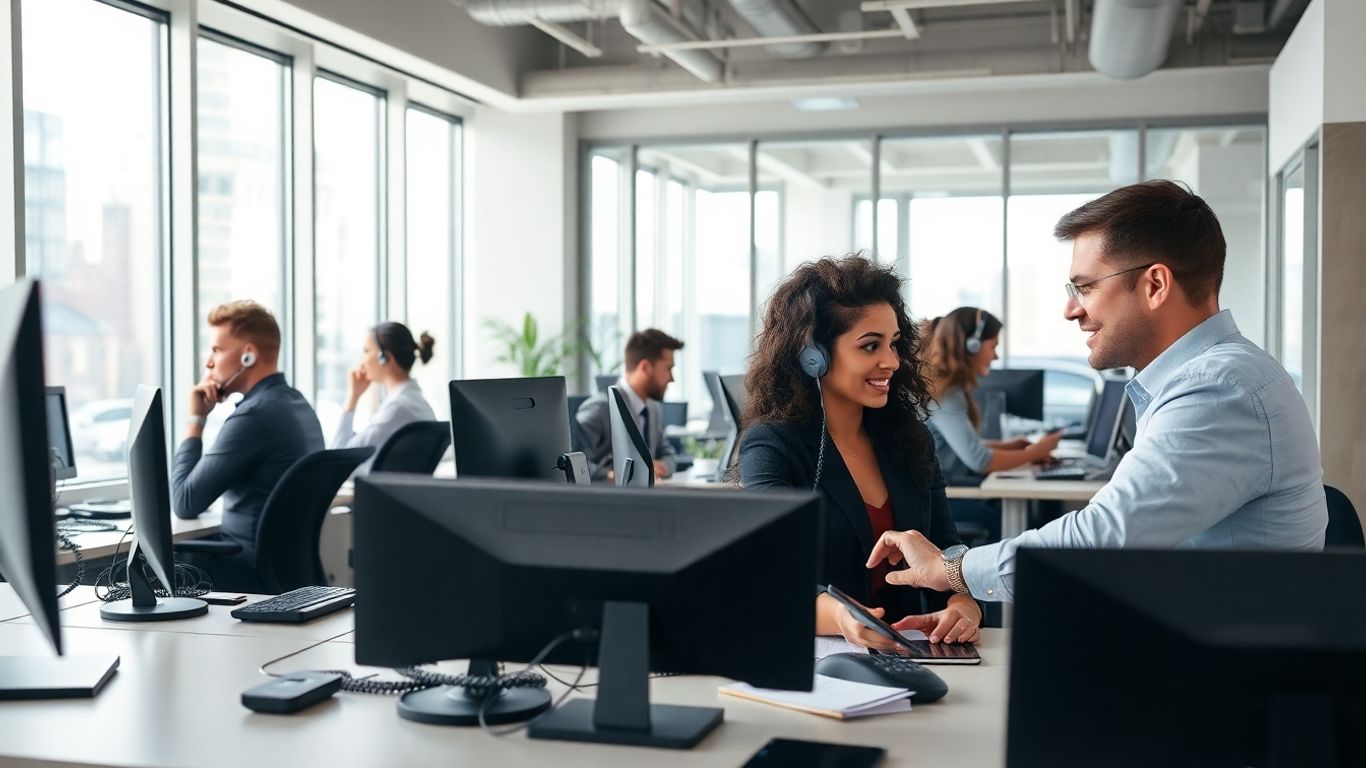 Jersey City office team using phones and texting