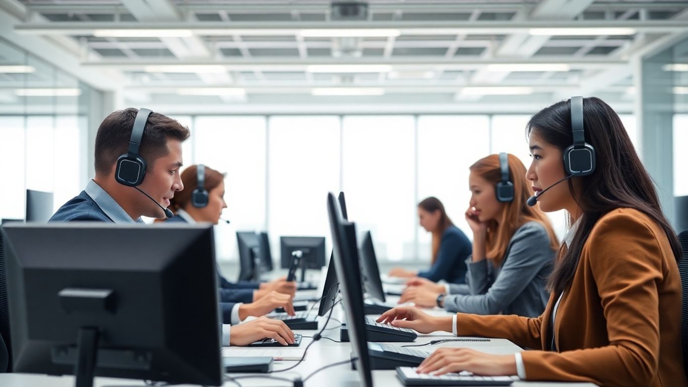 Professionals at desks using headsets in a modern office