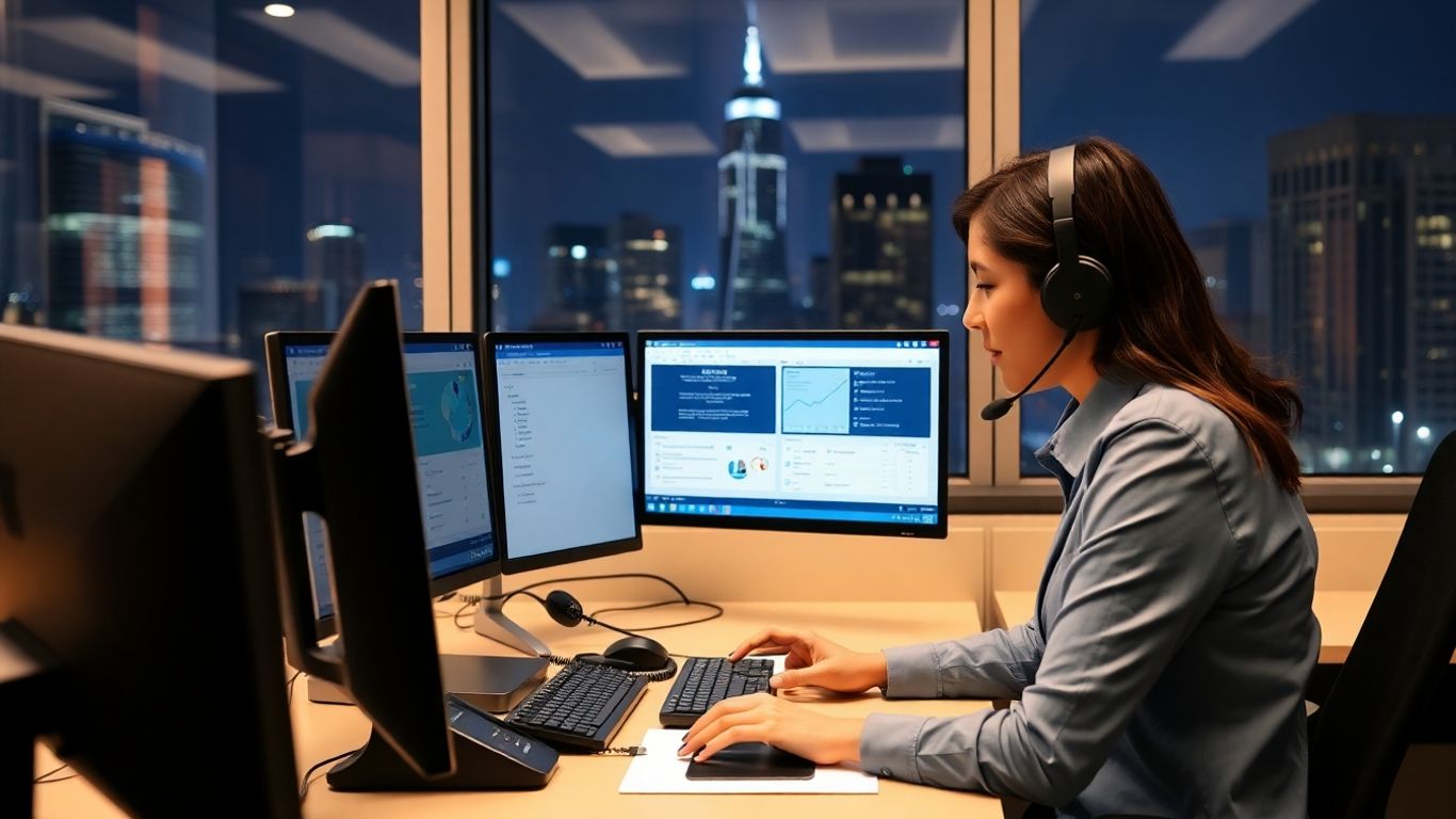 Call center agent working at night supporting customers
