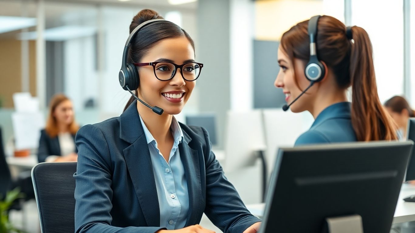 Professional receptionist answering phone in modern office setting