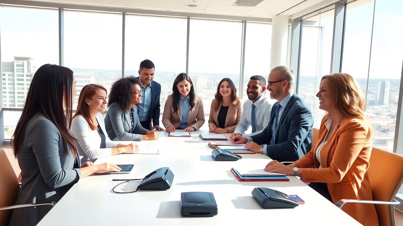 Business team in Albuquerque office meeting discussion