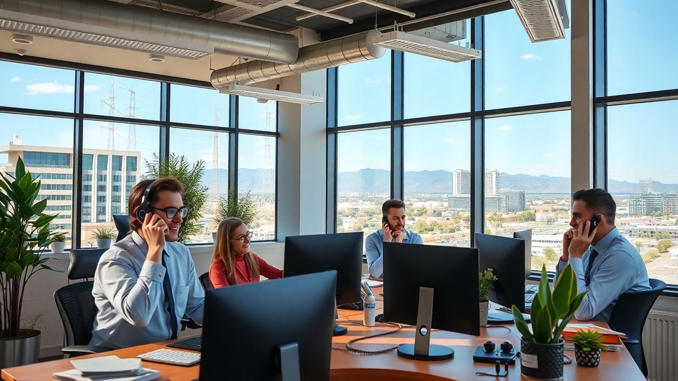 Business team using phones in Albuquerque office workspace
