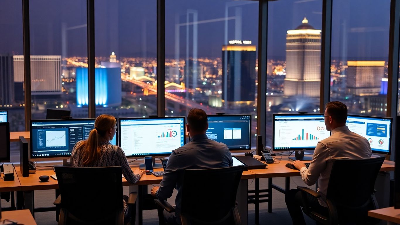 Modern office with digital devices and Las Vegas skyline.