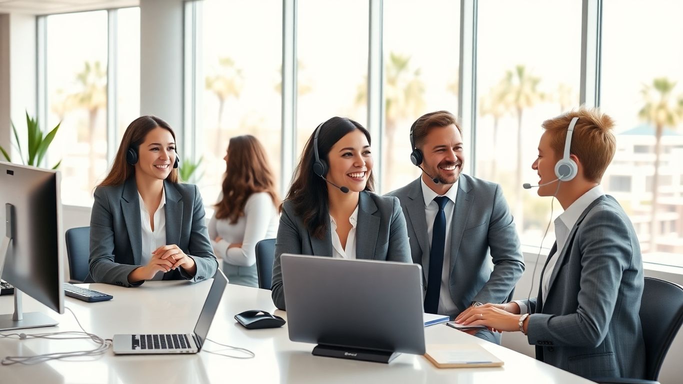 Las Vegas office workers using headsets and digital devices