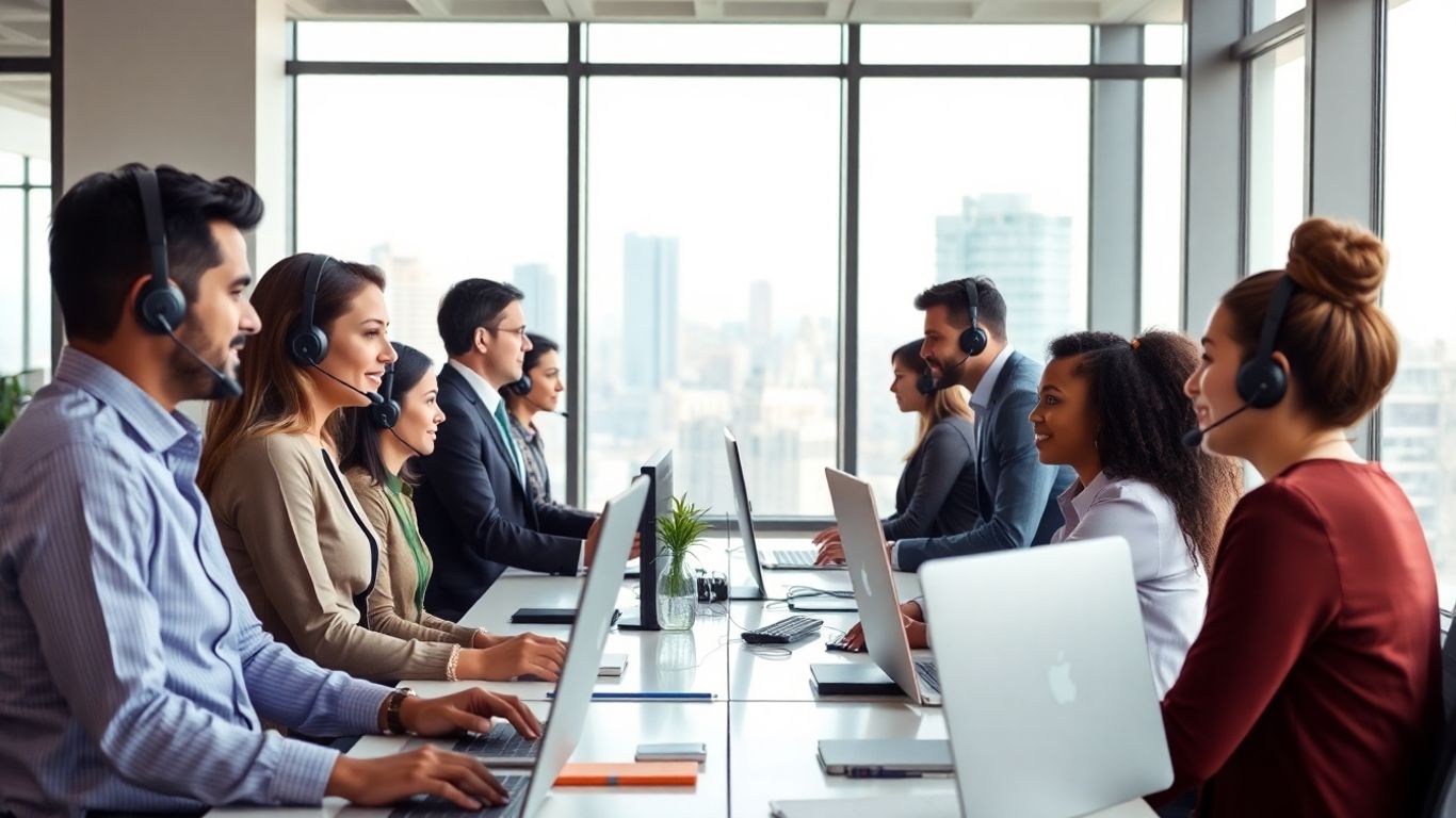 Multicultural team on headsets in modern office environment.