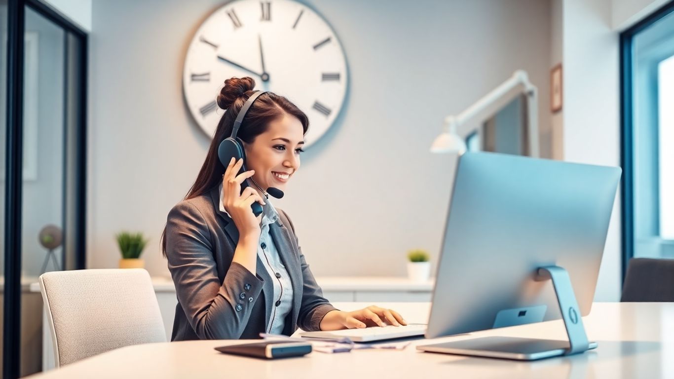 Receptionist answering phone in modern office, clock visible