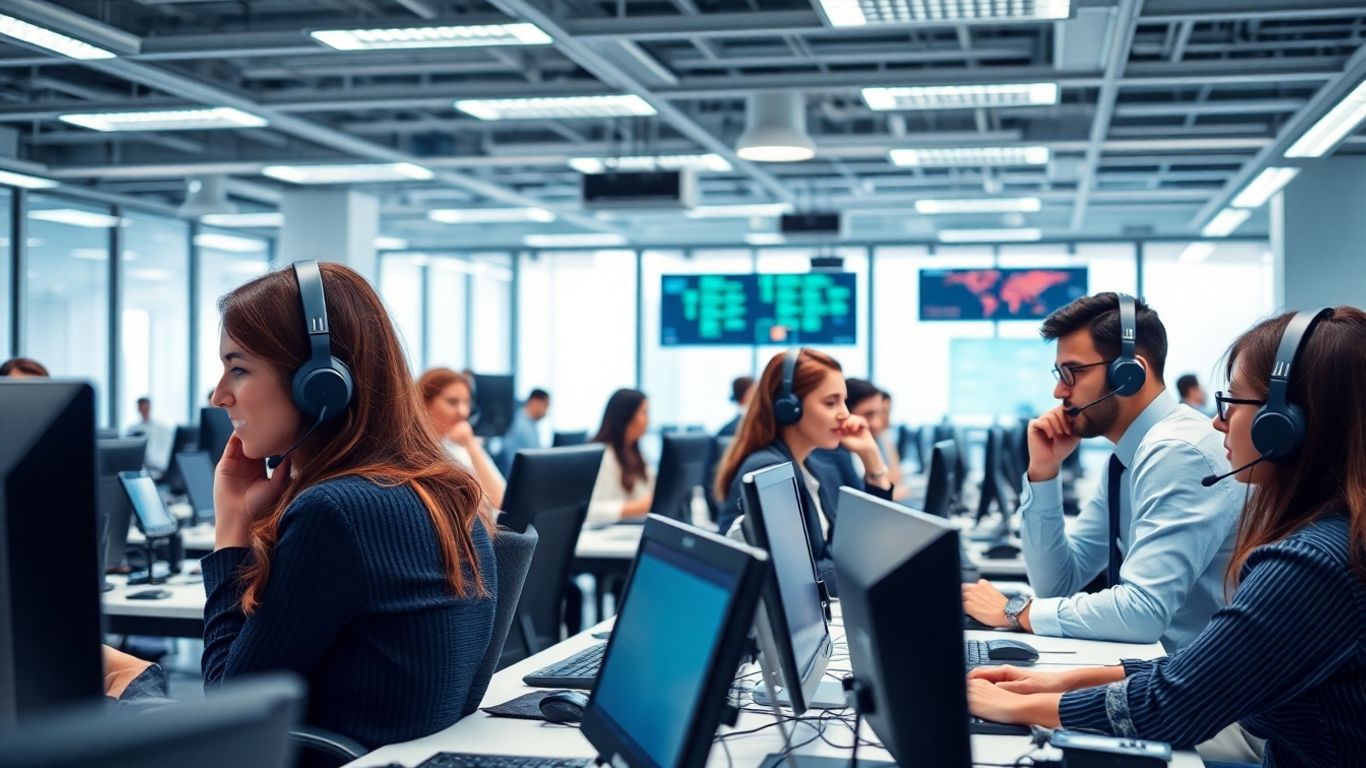 Professionals using headsets in a modern office workspace
