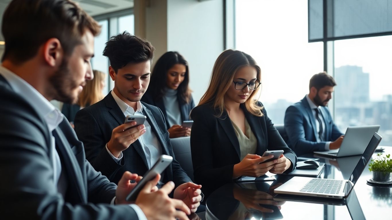 Memphis office workers using smartphones and laptops together
