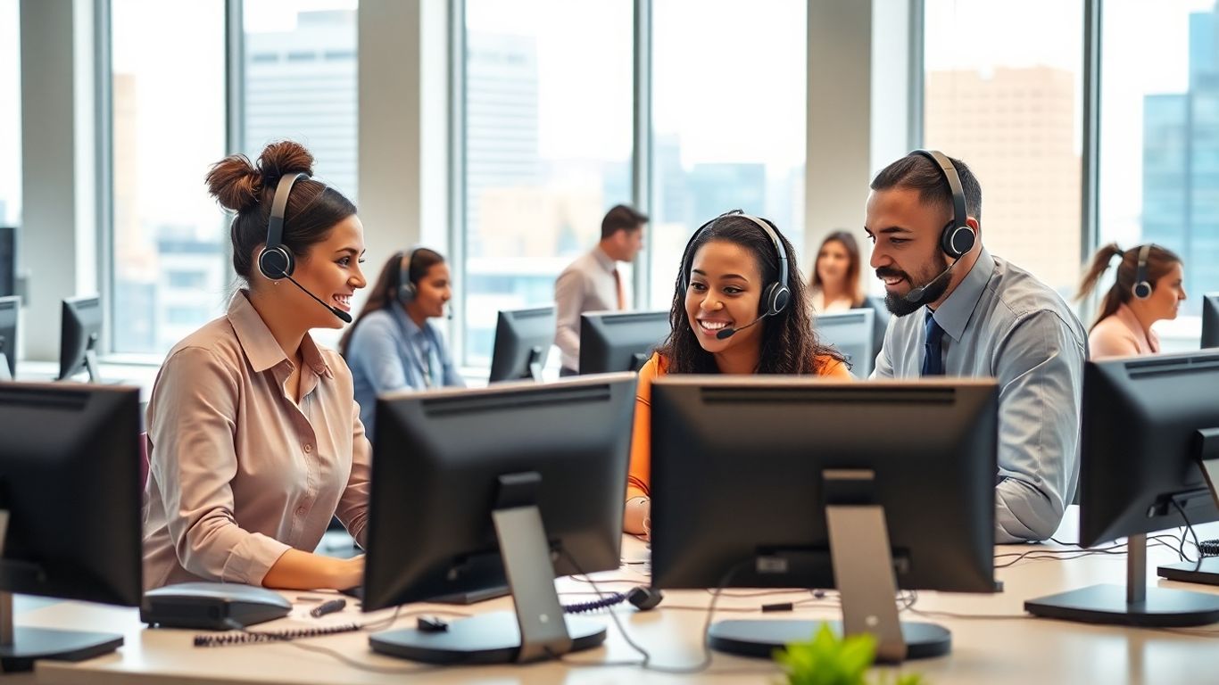 Modern Memphis office with active call center staff