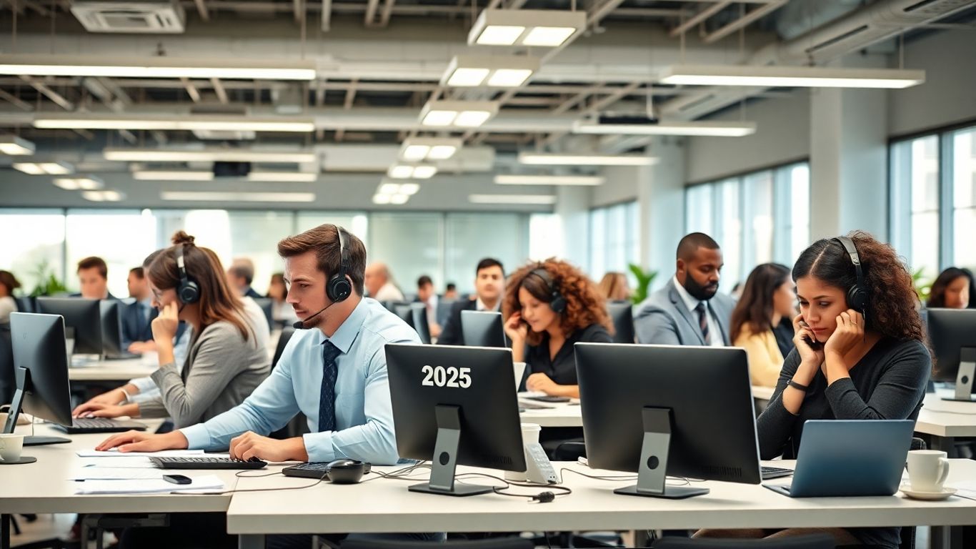 Business professionals with headsets in modern Memphis office