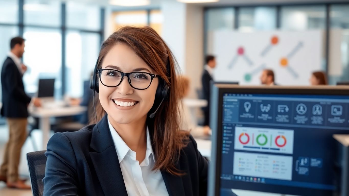 Receptionist using headset managing business calls efficiently