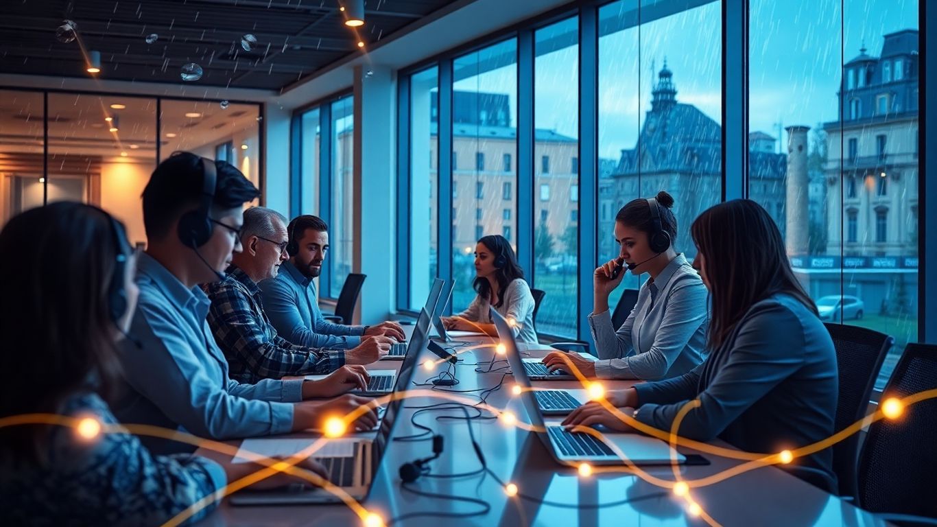 Office workers use phones during stormy weather outside.