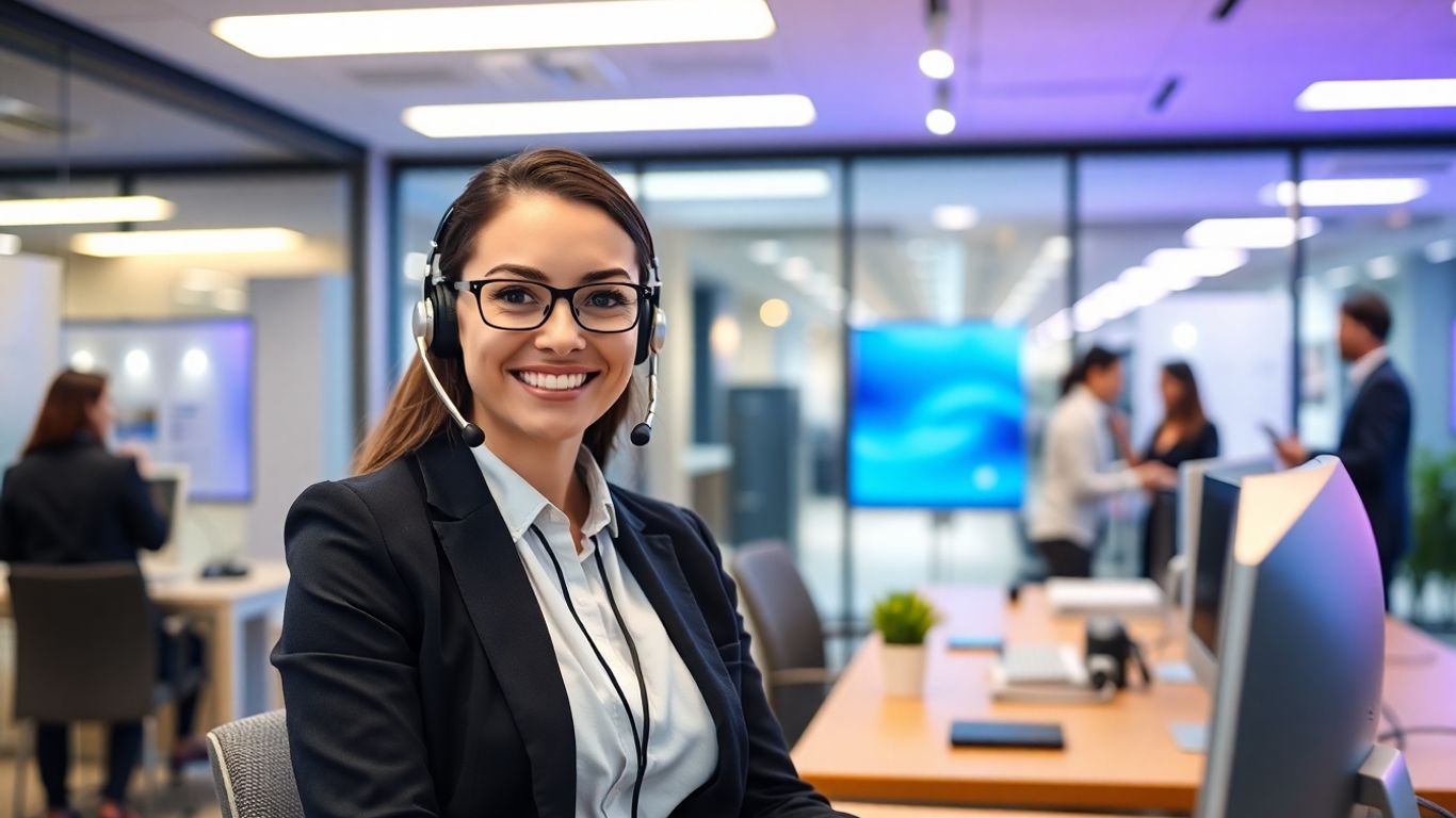 Customer service agent answering phone in vibrant office.