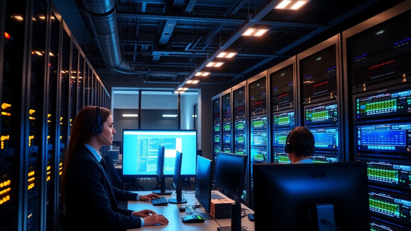 Office team with headsets and servers during nighttime backup