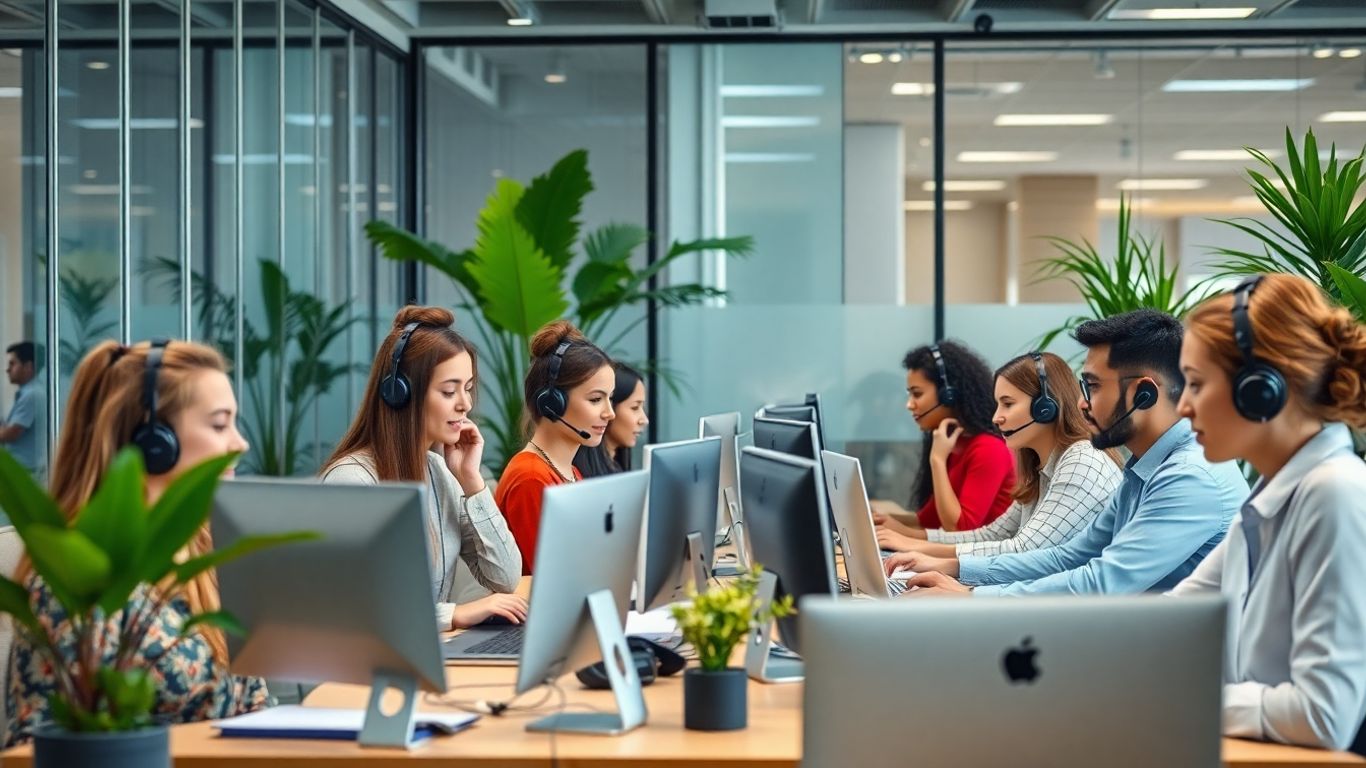 Team in office using headsets for business communication