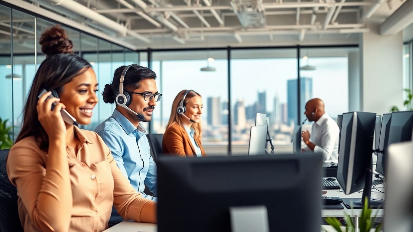 Diverse team with headsets in modern Anaheim office