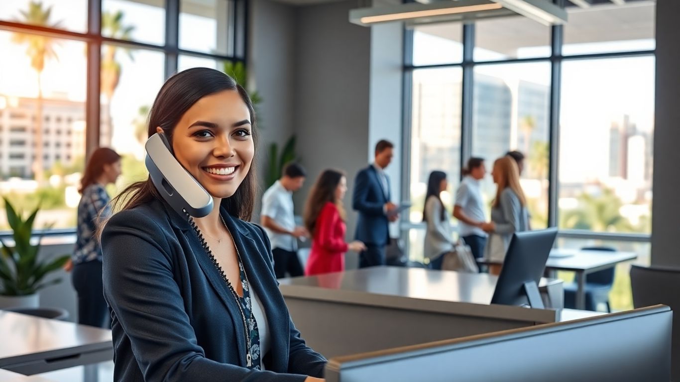 Friendly receptionist in Anaheim office answers business phone call