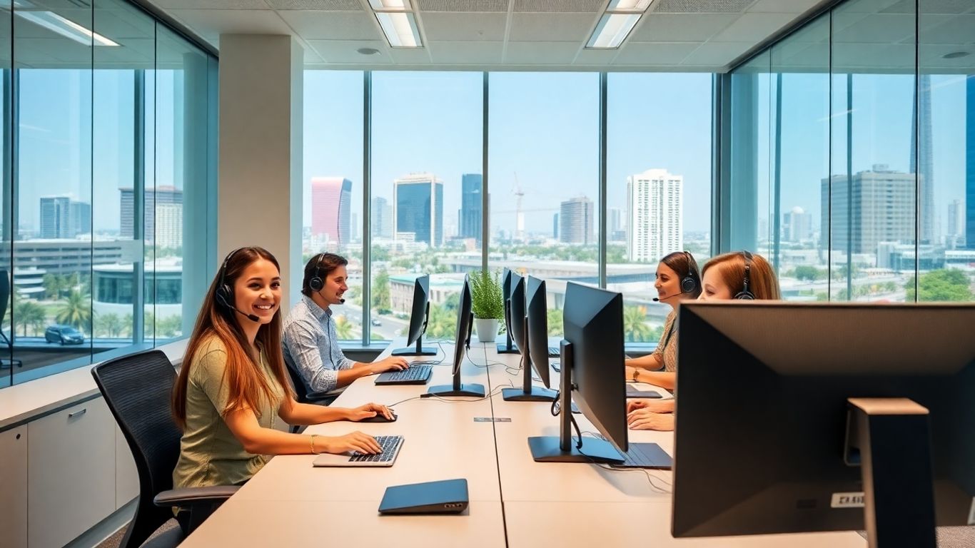 Customer service agents in modern Anaheim office with headsets