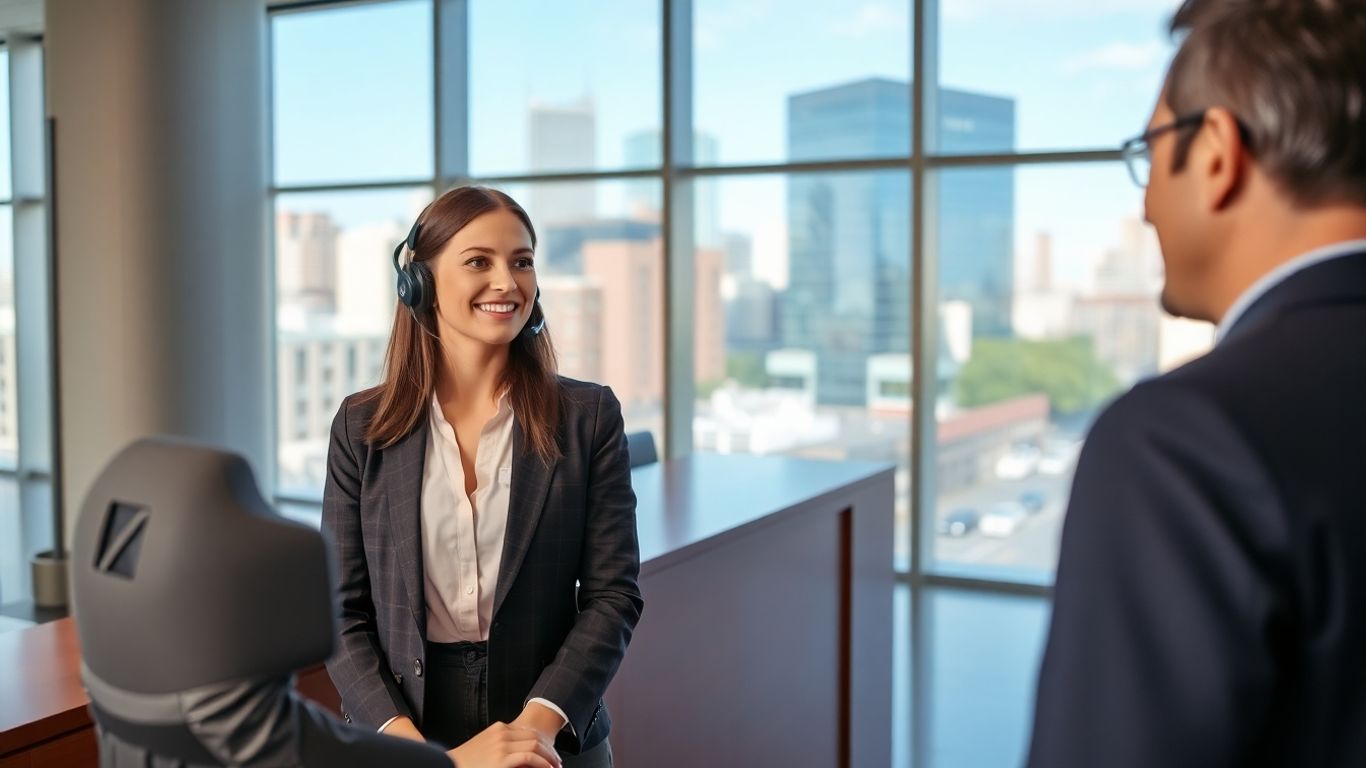 Receptionist with headset greeting businessperson in Cleveland office
