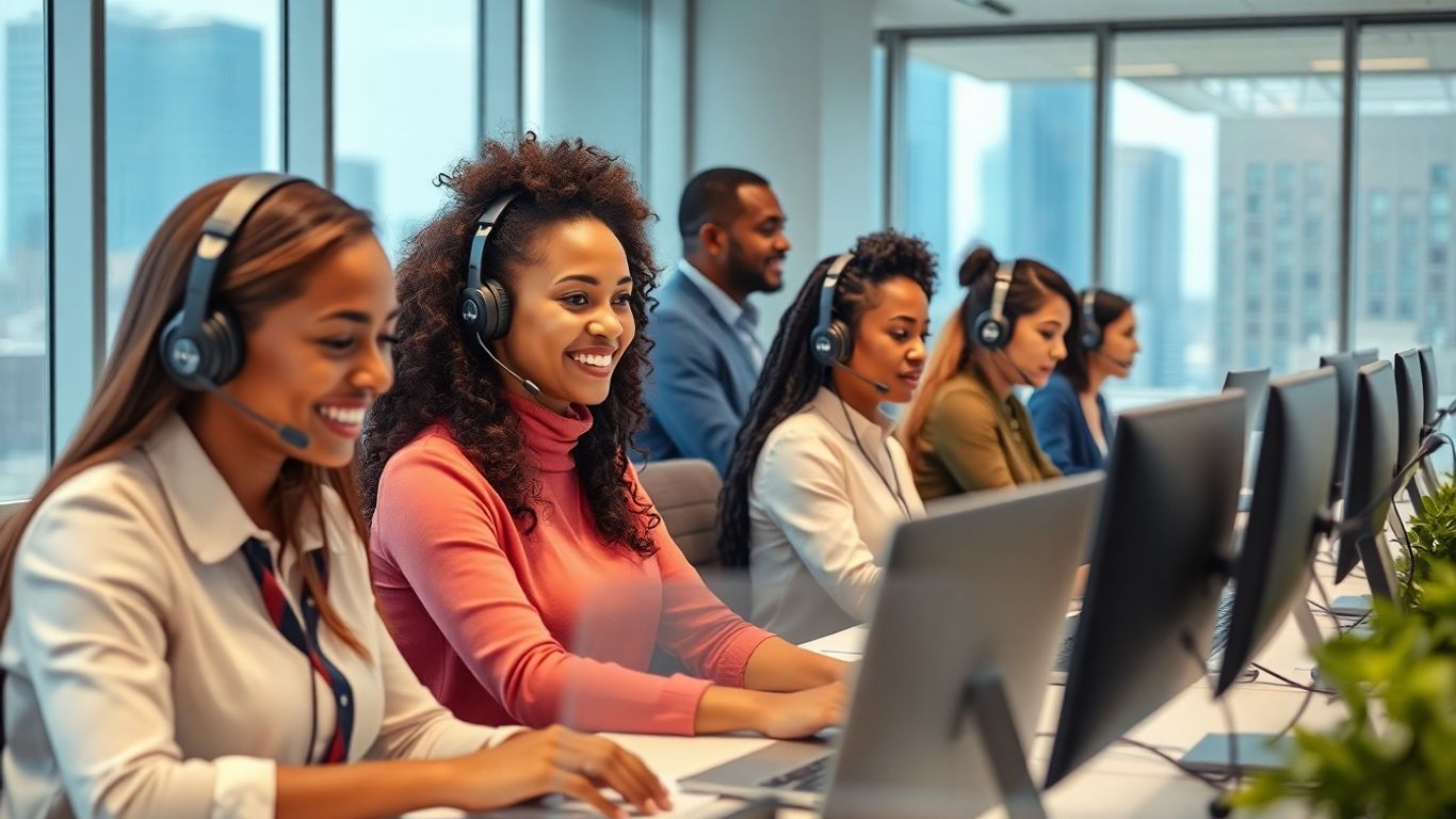 Multicultural call center agents working in modern Cleveland office