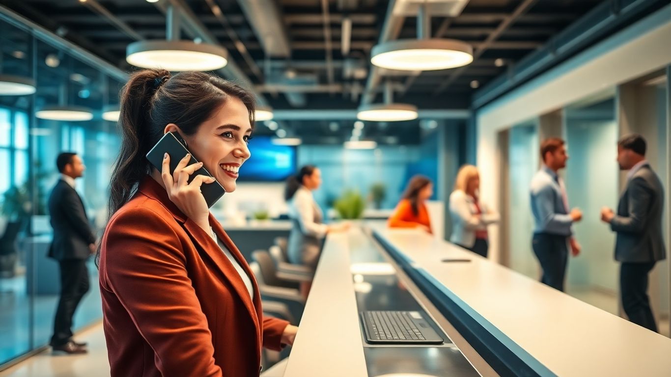 Receptionist taking call in modern office environment