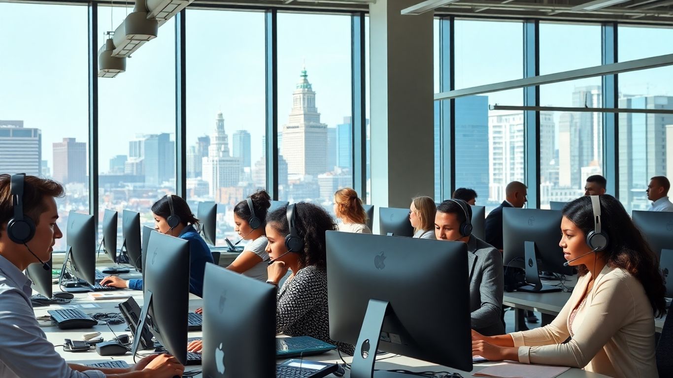 Baltimore office workers using headsets by city skyline