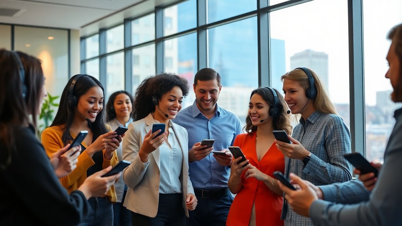 Professionals using smart devices in modern Baltimore office