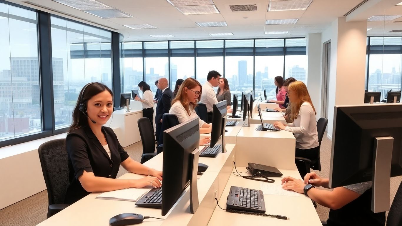 Receptionists with headsets in modern Baltimore office