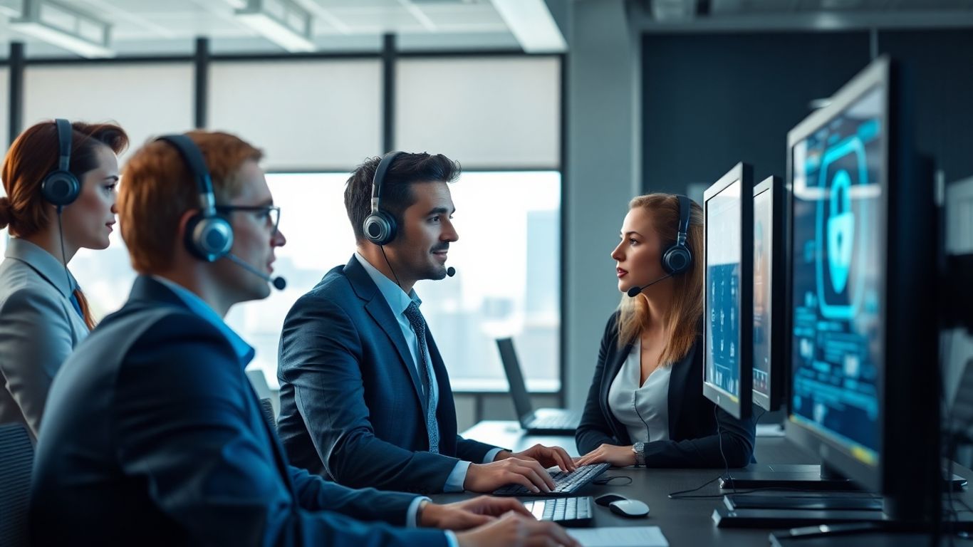 Call center team ensuring secure business communication