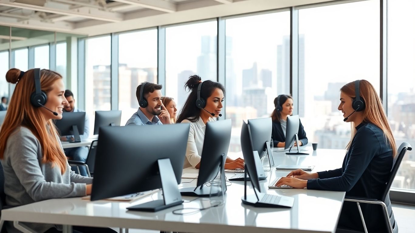 Busy Lexington office with professionals on headsets