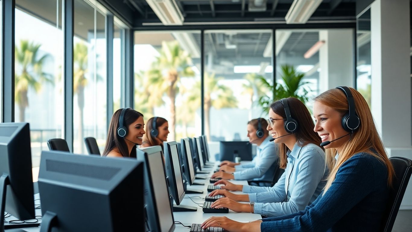Customer service agents answering calls in a bright office