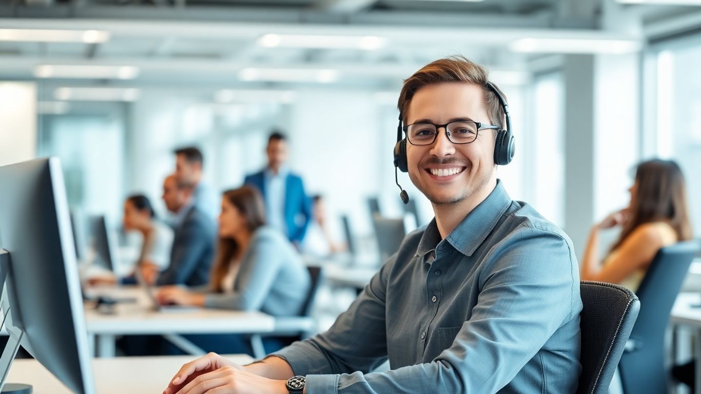 Smiling call center agent assisting customers by phone