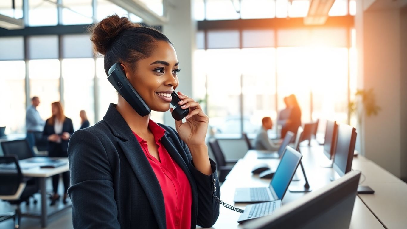 Receptionist answering business call in Kansas City office