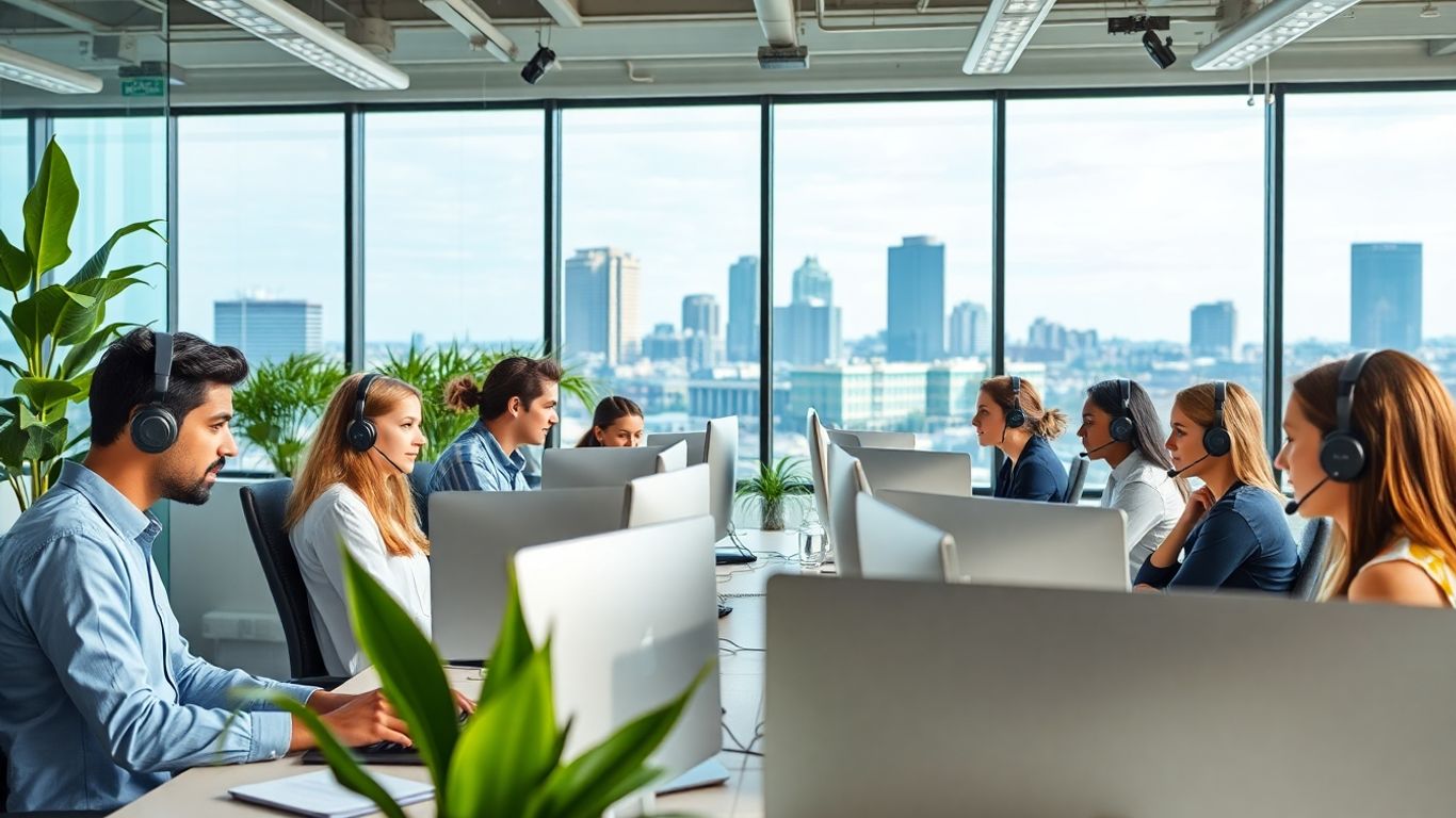 Office professionals using headsets with Pittsburgh city views