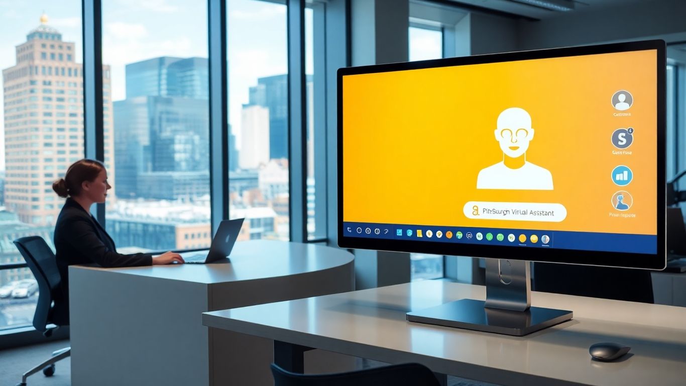 Receptionist at desk and AI interface in Pittsburgh office