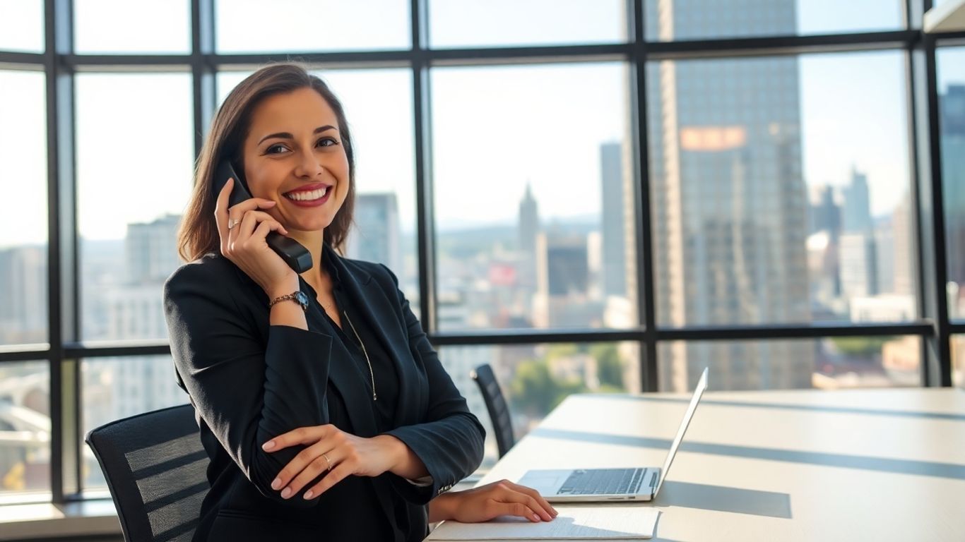 Receptionist answers phone in modern Pittsburgh office setting.